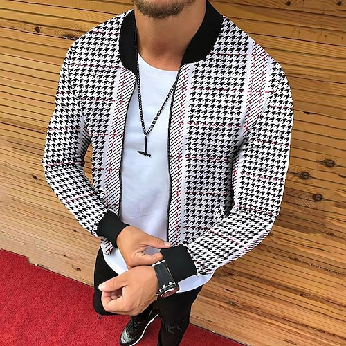 

Men Casual Jacket Warm Party Evening Zipper Color Block Stripes and Plaid 3D Printed Graphic Crewneck Stylish Jacket Outerwear Long Sleeve Slim Fit Without Lining Fall