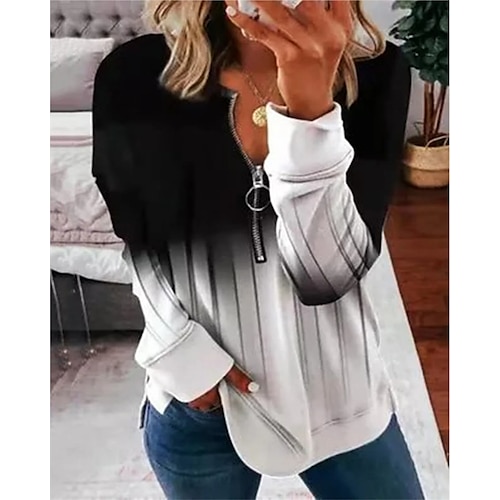 

Women's T shirt Tee Blue White Color Gradient Quarter Zip Print Long Sleeve Casual Weekend Basic V Neck Regular Painting S / 3D Print