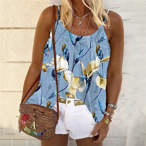 

Women's Plus Size Tops Tank Top Floral Print Sleeveless Strap Streetwear Daily Holiday Cotton Spandex Jersey Spring Summer Green Blue