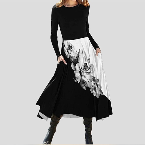 

Women's Casual Dress A Line Dress Midi Dress Black Long Sleeve Floral Pocket Print Fall Winter Round Neck Casual Vacation 2022 S M L XL XXL 3XL