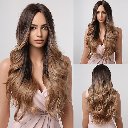 

HAIRCUBE Ombre Brown Long Wavy Middle Part Wig for Women Natural Daily