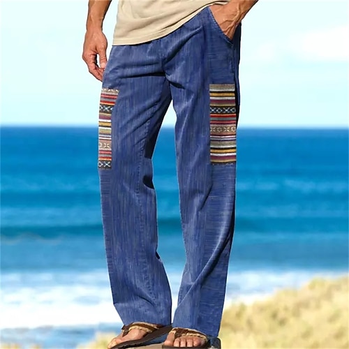 

Men's Trousers Beach Pants Pocket Drawstring Elastic Waist Color Block Graphic Prints Comfort Breathable Casual Daily Holiday Streetwear Classic Style Blue / Elasticity