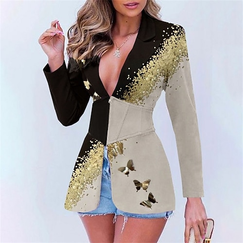 

Women's Blazer Warm Breathable Outdoor Daily Wear Vacation Going out Patchwork Button Pocket Sequin Zipper Turndown Active Sports Comfortable Street Style Color Block Loose Fit Outerwear Long Sleeve