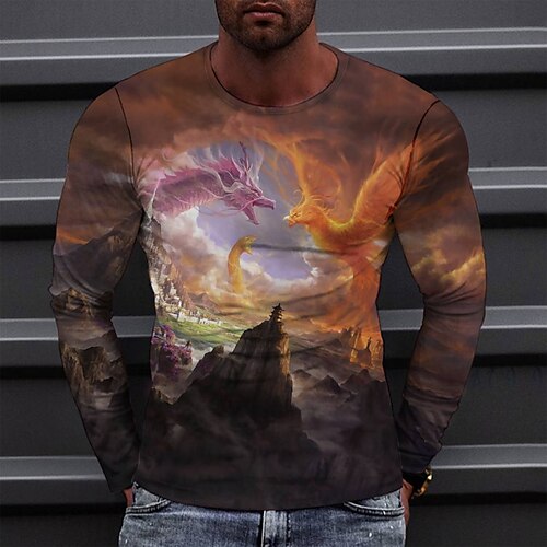

Men's T shirt Tee Tee Graphic Round Neck Orange Long Sleeve 3D Print Casual Daily Print Tops Fashion Designer Comfortable Big and Tall