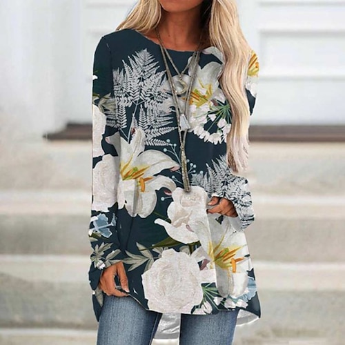 

Women's T shirt Tee Floral Casual Weekend Floral Painting T shirt Tee Long Sleeve Print Round Neck Basic Green White Blue S / 3D Print