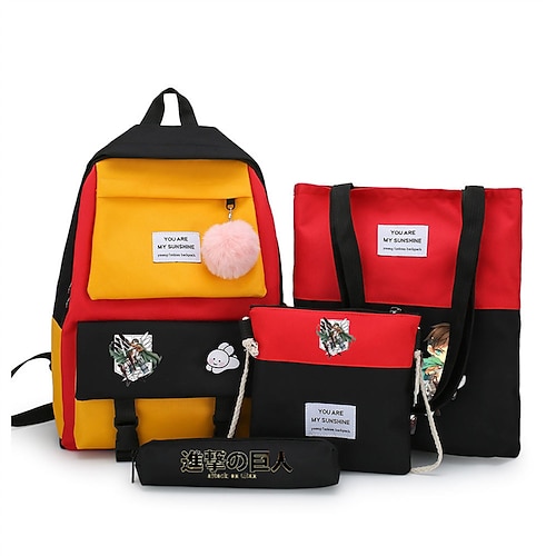 

Attack on Titan Four-piece Schoolbag Fashion Cartoon Cute Furball Backpack Student Literary Simple Bag