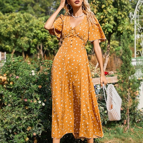 

Women's A Line Dress Maxi long Dress Yellow Short Sleeve Floral Strappy Print Fall Summer V Neck Stylish Fashion Modern 2022 S M L XL