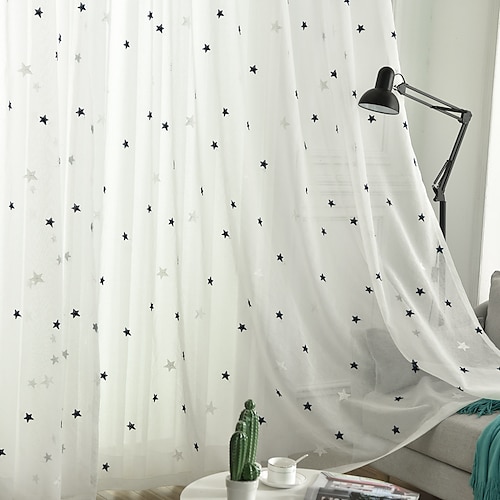 

Two Panel Korean Pastoral Style Small Star Embroidered Gauze Curtain Living Room Bedroom Dining Room Children's Room Translucent Curtain
