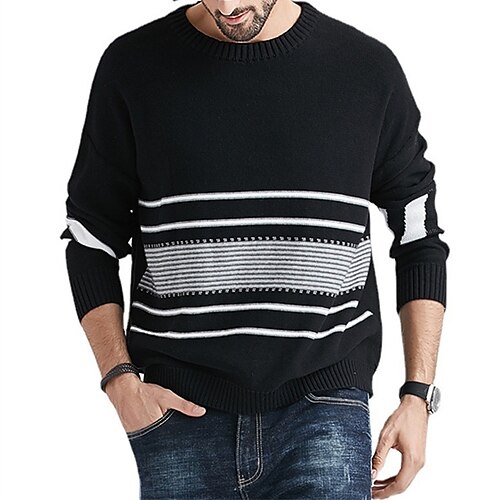 

Men's Pullover Sweater Jumper Ribbed Knit Cropped Knitted Striped Crew Neck Stylish Basic Daily Holiday Fall Winter Black M L XL / Cotton / Long Sleeve / Long Sleeve / Weekend