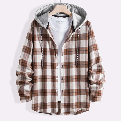 

Men's Shirt Overshirt Check Hooded Casual Daily Patchwork Long Sleeve Tops Casual Green Blue Pink