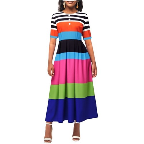 

Women's A Line Dress Maxi long Dress Rainbow Short Sleeve Striped Color Block Button Fall Winter Round Neck Fashion 2022 S M L XL XXL 3XL 4XL 5XL