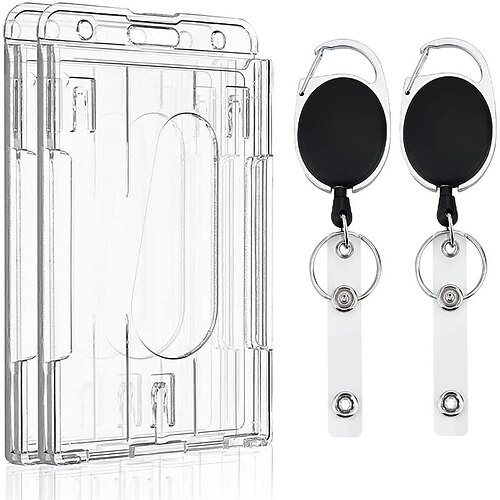 

Vertical 2-Card Badge Holder with Thumb Slots Hard Transparent PC Case Protector with Retractable Badge Reel Carabiner Clip for IDs Credit Cards Drivers Licenses and Passes 2 Pack