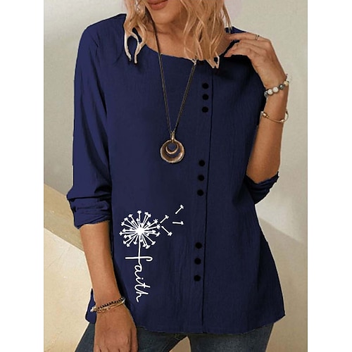 

Women's T shirt Tee Blue Khaki Navy Blue Dandelion Button Print Long Sleeve Holiday Weekend Basic Round Neck Regular Floral Painting S / 3D Print