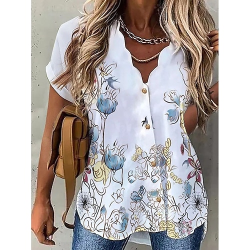 

Women's Blouse Flower Daily Weekend Floral Blouse Shirt Short Sleeve Print V Neck Casual Streetwear Green Black Blue S