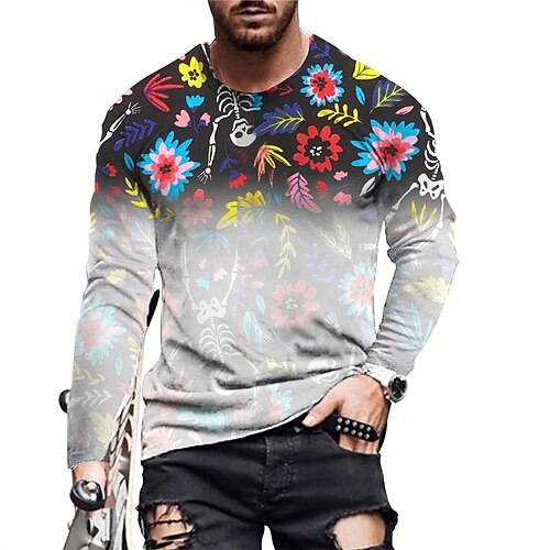 

Men's Unisex T shirt Tee Floral Graphic Prints Crew Neck Gray Long Sleeve 3D Print Outdoor Street Print Tops Basic Vintage Sports Designer