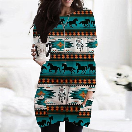 

Women's Shift Dress Casual Dress Short Mini Dress Blue Long Sleeve Geometric Abstract Pocket Print Fall Winter Crew Neck Casual Vacation Vintage Loose 2022 S M L XL XXL 3XL