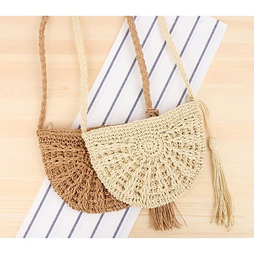 

Women's Girls' Sling Bags Crossbody Bag Shoulder Bag Rattan Straw Tassel Daily Holiday Going out Brown Beige