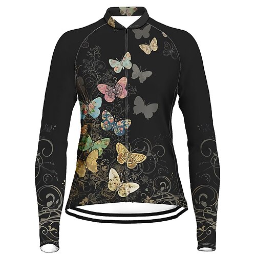 

21Grams Women's Cycling Jersey Long Sleeve Bike Top with 3 Rear Pockets Mountain Bike MTB Road Bike Cycling Breathable Quick Dry Moisture Wicking Black Butterfly Spandex Polyester Sports Clothing