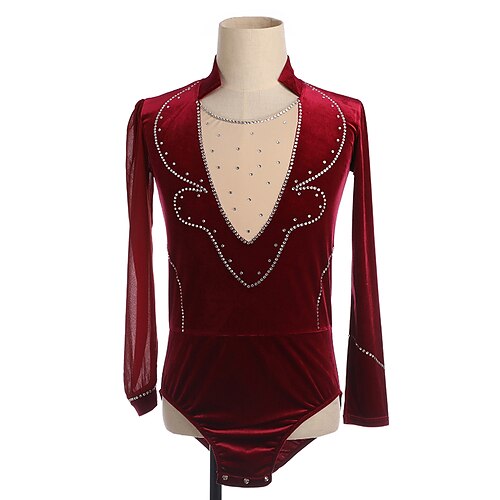 

Figure Skating Top Men's Boys Ice Skating Dress Burgundy High Elasticity Training Competition Skating Wear Crystal / Rhinestone Long Sleeve Ice Skating Figure Skating / Winter