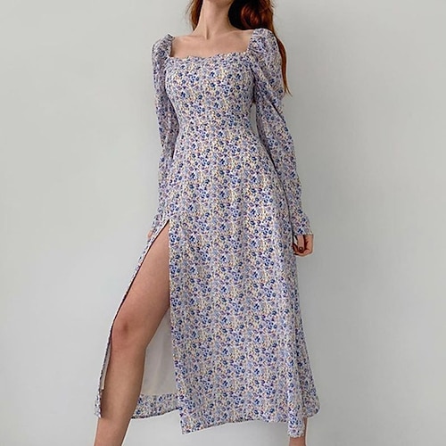 

Women's A Line Dress Floral Dress Midi Dress Green Blue Purple Pink Yellow Orange Long Sleeve Floral Split Print Fall Winter Square Neck Elegant Romantic Modern 2022 S M L XL XXL 3XL