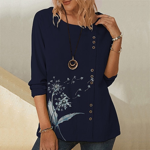 

Women's T shirt Tee Blue Khaki Navy Blue Dandelion Button Print Long Sleeve Holiday Weekend Basic Round Neck Regular Floral Painting S / 3D Print