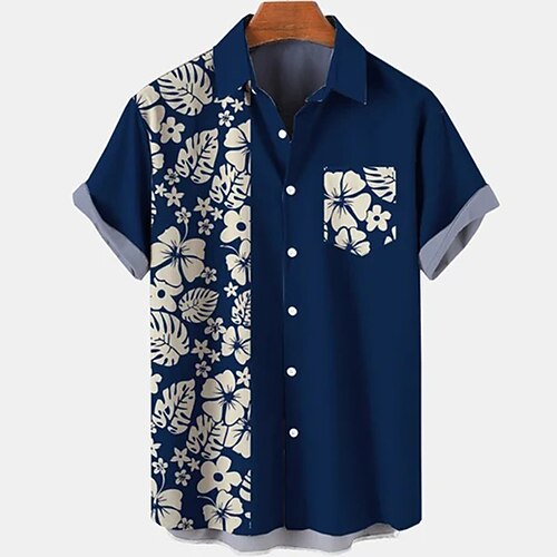 

Men's Shirt 3D Print Floral Turndown Street Casual Button-Down Print Short Sleeves Tops Designer Casual Fashion Breathable Navy Blue / Summer