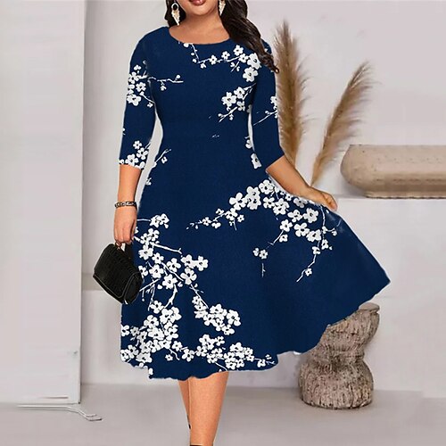 

Women's Plus Size Holiday Dress Floral Crew Neck Print 3/4 Length Sleeve Spring Fall Work Midi Dress Daily Vacation Dress