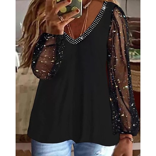 

Women's Plus Size Going Out Tops Blouse Concert Tops Plain Daily Date Vacation Black Wine Dark Blue Mesh Rhinestone Long Sleeve Elegant Vintage Fashion V Neck Regular Fit Spring Fall