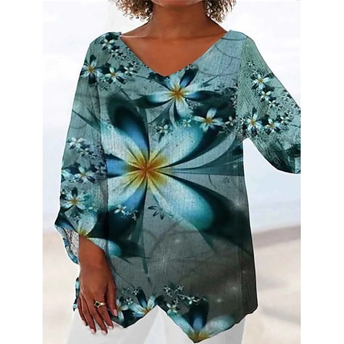 

Women's Plus Size Tops Blouse Shirt Floral Print Long Sleeve V Neck Streetwear Daily Vacation Polyester Fall Spring Green Blue