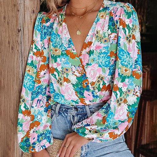 

Women's Blouse Floral Holiday Weekend Floral Blouse Shirt Long Sleeve Print V Neck Casual Lantern Sleeve Blue S / 3D Print