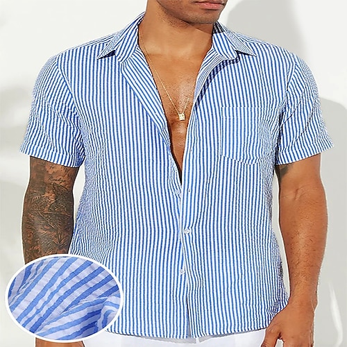 

Men's Seersucker Shirt Striped Turndown Green Blue Purple Yellow Red Street Daily Short Sleeve Button-Down Clothing Apparel Lightweight Soft Breathable Comfortable / Summer / Summer / Sports