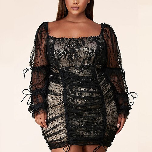 

Women's Plus Size Holiday Dress Polka Dot Square Neck Lace Long Sleeve Fall Spring Sexy Short Mini Dress Daily Date Dress / Print
