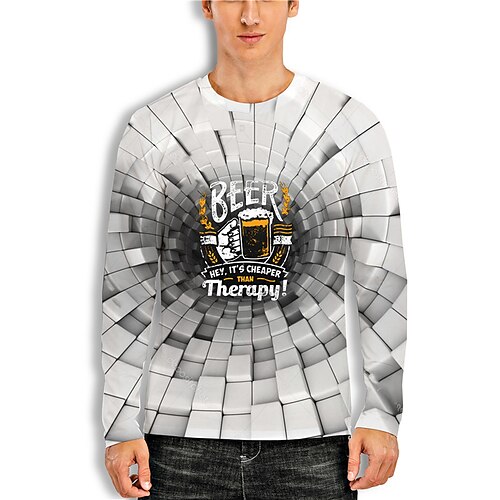 

Men's Unisex T shirt Tee 3D Print Graphic Prints Beer Crew Neck Street Daily Print Long Sleeve Tops Designer Basic Casual Big and Tall Gray