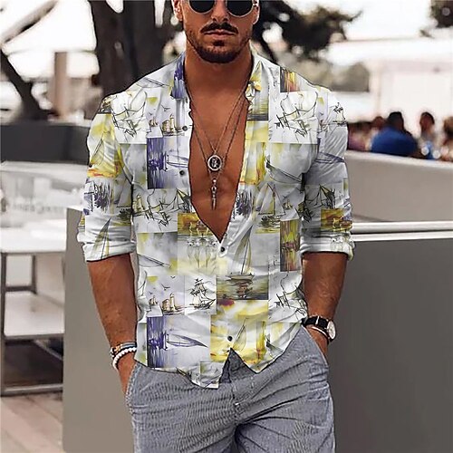 

Men's Shirt Rudder Turndown Yellow Long Sleeve 3D Print Outdoor Street Button-Down Print Tops Fashion Designer Casual Breathable