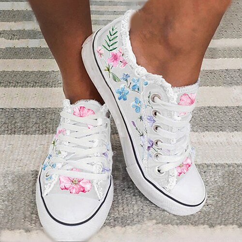 

Women's Unisex Sneakers Party Daily Canvas Shoes Winter Round Toe Casual Sweet Canvas Lace-up Floral Purple White