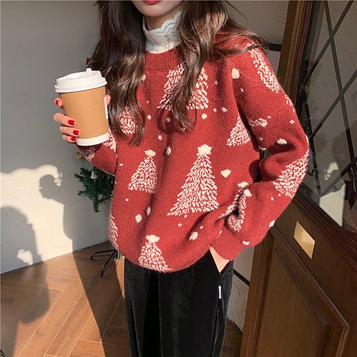

Women's Ugly Christmas Sweater Pullover Sweater Jumper Crochet Knit Knitted Christmas Tree Crew Neck Casual Christmas Daily Winter Fall Red One-Size / Cotton / Long Sleeve / Cotton / Loose Fit