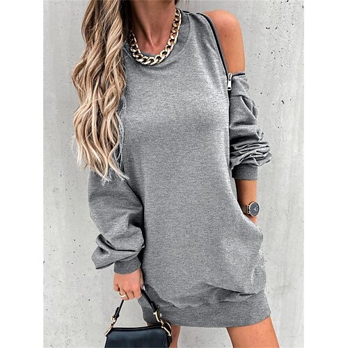 

Women's Shift Dress Short Mini Dress Gray Long Sleeve Pure Color Backless Zipper Cold Shoulder Spring Summer Round Neck Casual Fashion 2022 S M L XL XXL 3XL