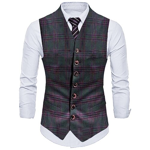 

Men's Plaid Polyester Spring Autumn Office Business V-neck Vest with Pockets