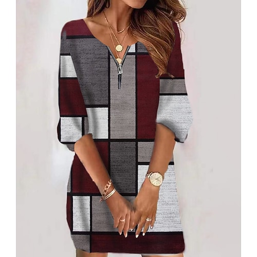 

Women's Casual Dress Red Long Sleeve Plaid Zipper Fall Crew Neck Winter Dress Fall Dress 2022 S M L XL 2XL 3XL 4XL 5XL 6XL