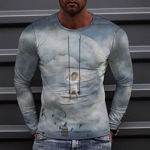 

Men's T shirt Tee Tee Graphic Round Neck Gray Long Sleeve 3D Print Casual Daily Print Tops Fashion Designer Comfortable Big and Tall