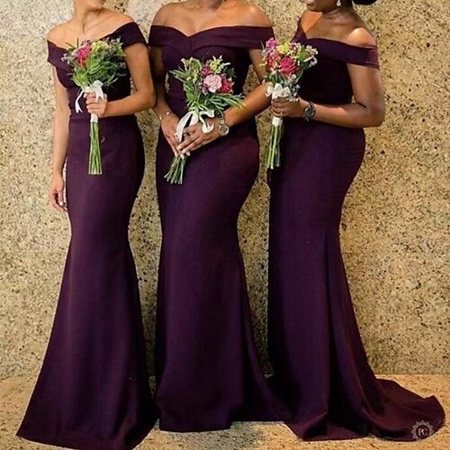 

Mermaid / Trumpet Bridesmaid Dress Off Shoulder Short Sleeve Elegant Sweep / Brush Train Stretch Chiffon with Solid Color 2022