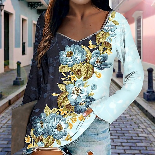 

Women's T shirt Tee Floral Casual Holiday Weekend Floral Painting T shirt Tee Long Sleeve Print V Neck Basic Black S / 3D Print