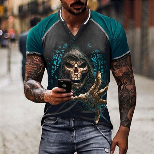 

Men's Unisex T shirt Tee Skull Graphic Prints V Neck Blue Short Sleeve 3D Print Outdoor Street Button-Down Print Tops Sports Designer Casual Big and Tall / Summer / Summer