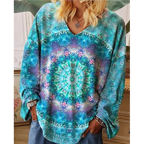 

Women's T shirt Tee Light Blue Graphic Tie Dye Long Sleeve Casual Daily Vintage Boho Ethnic V Neck Regular Loose Fit Bohemian Theme Geometric S