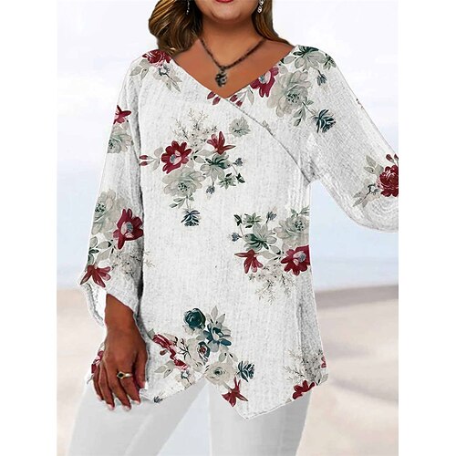 

Women's Plus Size Tops Blouse Shirt Floral Print Long Sleeve V Neck Casual Daily Going out Polyester Fall Winter Green White / 3D Print