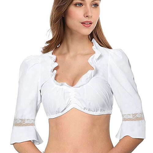 

Women's Crop Top Plain Holiday Weekend Oktoberfest Costume Crop Top Blouse Shirt Half Sleeve Ruffle Patchwork V Neck Casual Streetwear White S