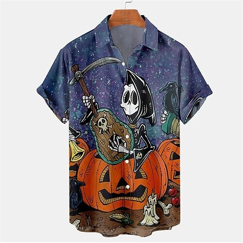 

Men's Shirt Skull Letter Turndown Blue Short Sleeves 3D Print Outdoor Halloween Button-Down Print Tops Fashion Designer Casual Breathable / Summer / Spring / Summer