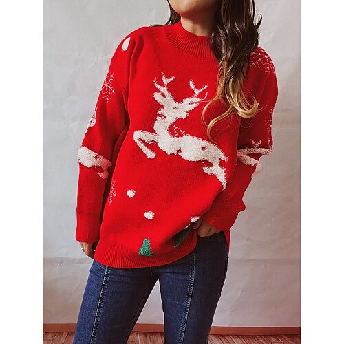 

Women's Pullover Sweater Jumper Chunky Knit Tunic Knitted Animal Crew Neck Stylish Casual Christmas Daily Fall Winter Black Red S M L / Long Sleeve