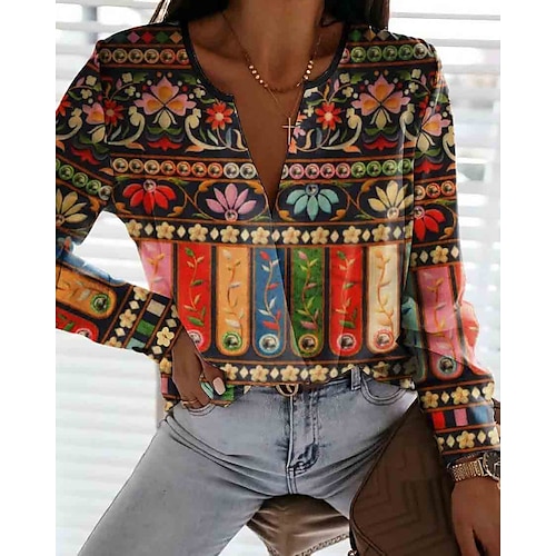 

Women's Blouse Floral Daily Weekend Floral Blouse Shirt Long Sleeve Print V Neck Casual Streetwear Rainbow S / 3D Print
