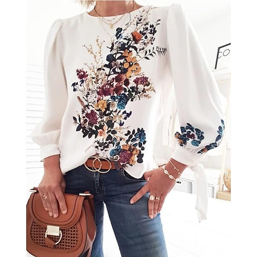 

Mujer Camisa Blusa Blanco Flor Estampado Manga Larga Diario Fin de semana Ropa de calle Casual Escote Redondo Regular S